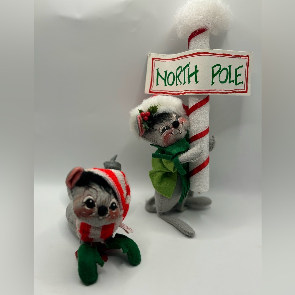 Vintage Annalee 1992 Christmas Mouse with North Pole Sign & 1965 Mouse In Sleigh